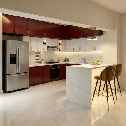 Modern Luxury Modular Eco-Friendly Red L-Shaped Kitchen Cabinets Island Custom Whole House Plywood Kitchen Furniture