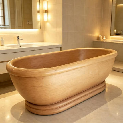 Custom Egypt Beige Marble Freestanding Hot Tub Luxury Stone Bathtub For Villas And Hotel Bathroom Renovation