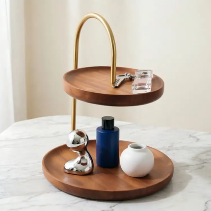 Nordic Style Solid Wood Double Layer Display Tray For Snacks Candy and Fruit On Coffee Table