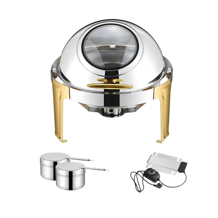 Luxury Semi-Gilded Stainless Steel Chafing Dish High Quality Food Warmer Buffet Service Alcohol/Electric Heating 6L Capacity