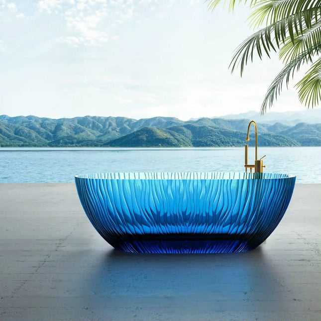High End Moon Shape Customized Blue Color Clear Transparent Resin Bathroom Bath Tub Solid Surface Freestanding Bathtub