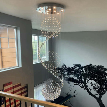 Long Nordic Modern Silver Crystal LED Chandelier for Hotel Lobby and Staircase High Ceiling Hanging Luxury Lighting
