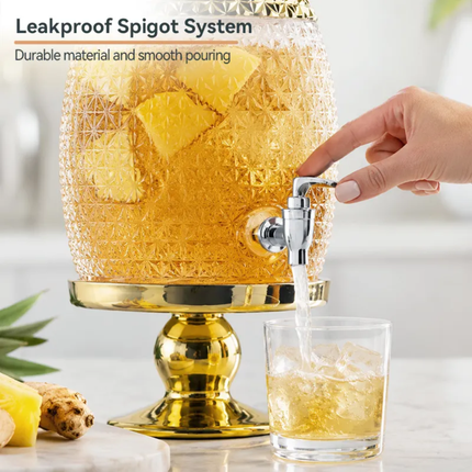 Large Capacity Pineapple-Shaped Glass Beverage Dispenser Gold Metal Stand Leakproof Spigot BPA Free Dishwasher Microwave Safe