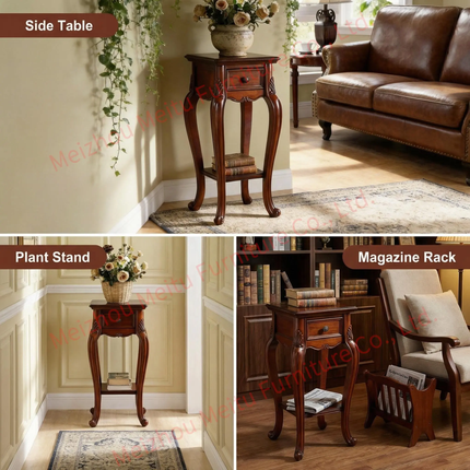 Traditional Wood Side Table w/ Drawer Shelf Carved Cabriole Legs Parquet Top Small Plant Stand for Living Room Sofa Entrya