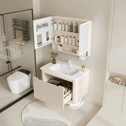 Wall-mounted Nordic cream-style bathroom cabinet with multi-functional storage and an integrated ceramic basin
