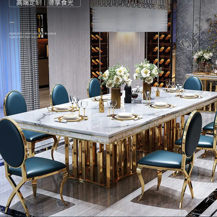 Light Luxury Rectangular Marble Dining Set – Glossy Rock Plate Chairs, Stainless Steel Frame for Dining Room