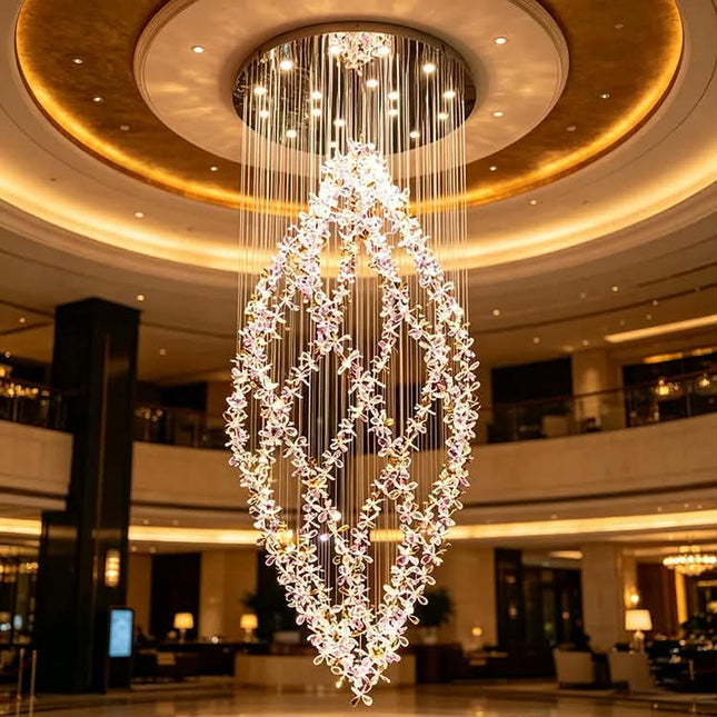Customized Modern Crystal Chandeliers Luxury Large Flower LED Chandelier For Living Room Hotel High Ceilings Long Chandelier