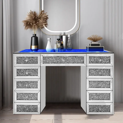 Sparkle Crystal Diamond Trim Large Mirrored Glass 7 Drawer Dressing Table Desk