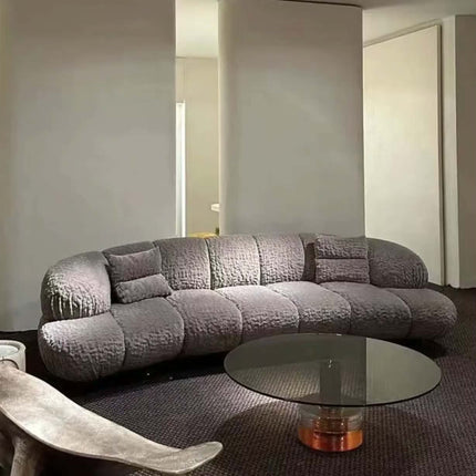 Custom Wabi Sabi Lamb Wool Curved Sofa Bespoke Retro Wood Legs for High End Designer Living Room