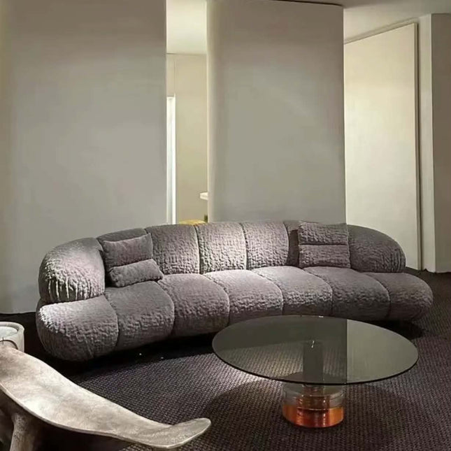 Custom Wabi Sabi Lamb Wool Curved Sofa Bespoke Retro Wood Legs for High End Designer Living Room