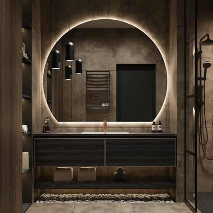 Modern Italian luxury, integrated stone countertop with ceramic sink, Smart LED mirror/mirror cabinet