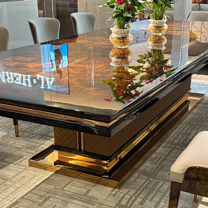 Nordic Luxury Modern 10-Seater Rectangular Dining Table – Wood Veneer Top with Metal Base, Perfect for Mansions and Villas