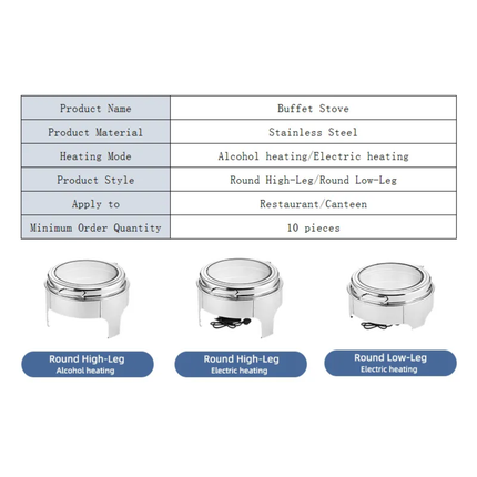 Commercial Table Top Stainless Steel Round Buffet Food Warmer-Alcohol/Electric Heating For Restaurant & Canteen