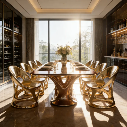 Modern Luxury Dining Table Set Gold Fiberglass Frame Glossy Marble Top Furniture