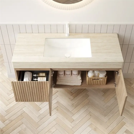 On-Trend Slat Style Bathroom Vanity – Custom Wood Veneer Cabinet, Integrated Sink, Custom Colors Available