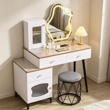 Modern Luxury Minimalist Solid Wood Durable Customizable Multi-Purpose Makeup Vanity Lighted Oval Mirror Storage Drawers  Bedroom
