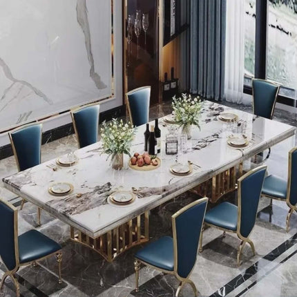 Light Luxury Rectangular Marble Dining Set – Glossy Rock Plate Chairs, Stainless Steel Frame for Dining Room