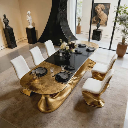 Luxury Modern Gold Firberglass Dining Table Custom Oval Black Dining Table Gold Base Waterproof Durable 6 Seater