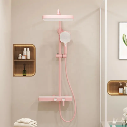 Candy Purple Brass Shower System – Features Waterfall Flow, High-Pressure Shower Head, Adjustable Slide Bar, and Multi-Functional Storage Rack for Convenience