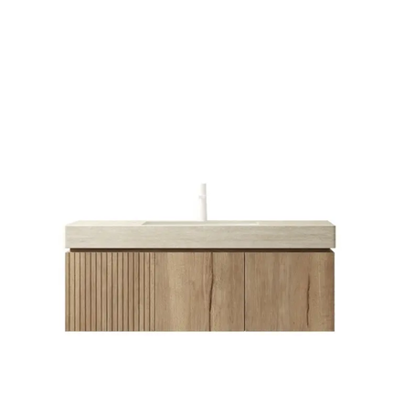 On-Trend Slat Style Bathroom Vanity – Custom Wood Veneer Cabinet, Integrated Sink, Custom Colors Available