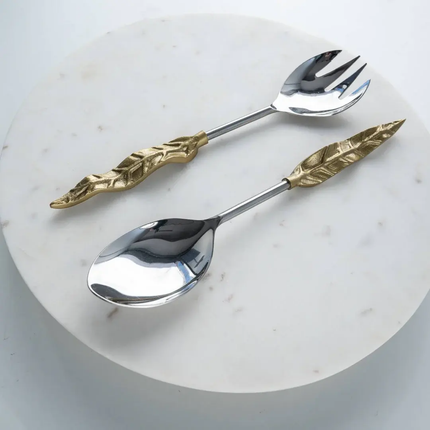 Brass & Stainless Steel Eco-Friendly Salad Server Set With Mirror Polished Finish Classic Engraved Patterns Dishwasher Safe
