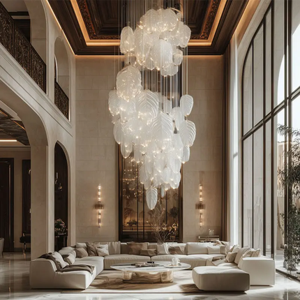 Custom White Feather Glass Round Modern High Hanging Pendant Lamp Large Luxury Chandelier