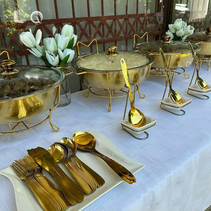 Restaurant Equipment 4.5Litres Golden Stand Buffet Food Warmer Catering Party Gold Round 8L Chafing Dish Glass Lid Soup Pot