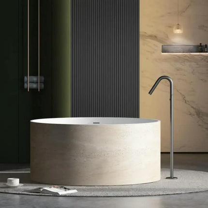 Modern Freestanding Solid Surface Eco-friendly Round Soaking Bathtub With Drainer and Center Drain White Textured Surface finish