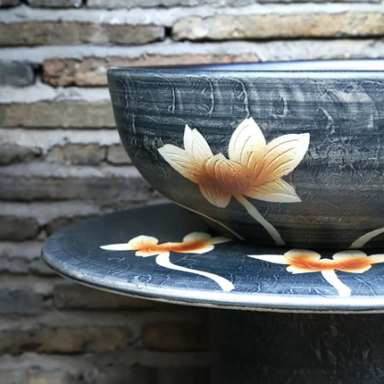 One-Piece Antique Ceramic Pedestal Sink Rustic Brown Porcelain Basin with Intricate Hand-Painted Lotus Motifs Decorative Art Sink for Washrooms