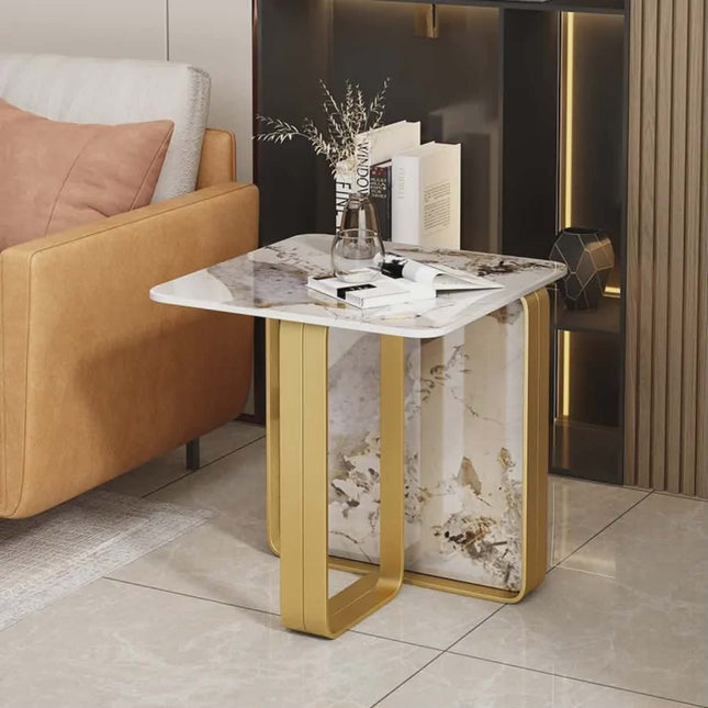 Italian-Style Slate Side Table – Iron Frame, Light Luxury Minimalist Design for Living Room, Balcony & Corner Use