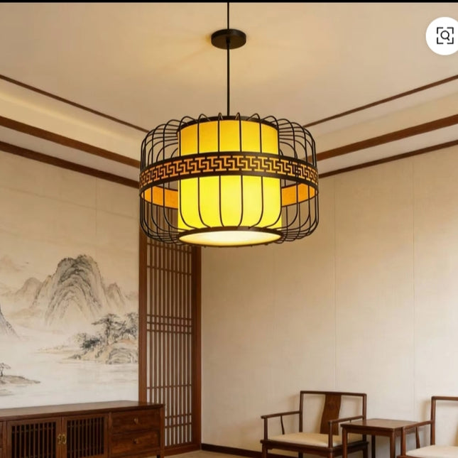 Modern Asian Style Pendant Light – Black Metal Frame with Warm Yellow Shade, Oriental Hanging Lamp for Dining Room & Living Space Decor