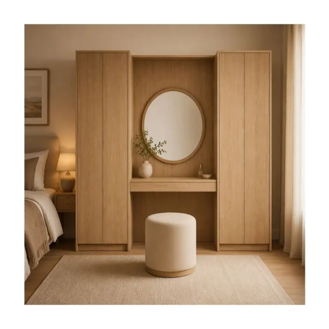 Modern Full Height Vanity Set with Round Mirror Cabinet and Wooden and Dressing Table  Cream White for Master Bedroom