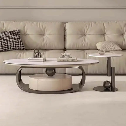 Home furniture living room table round oval modern center table luxury stainless steel smart marble coffee tables with drawer