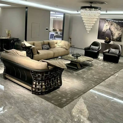 European Luxury Design Leather Sofa Set High-End Wooden Sectional Furniture For Hotel Villa Living Room Includes Chairs