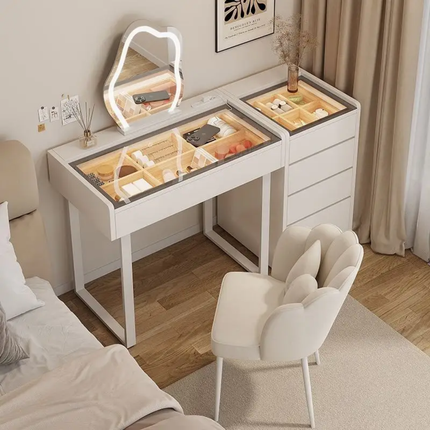 Modern Hot Sale White Glass Top Vanity Dressing Table with Drawer and Lighted Mirror Bedroom Furniture
