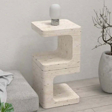 Modern Nordic Side Table White Travertine Marble Minimalist Square C-Shaped for Home Living Room