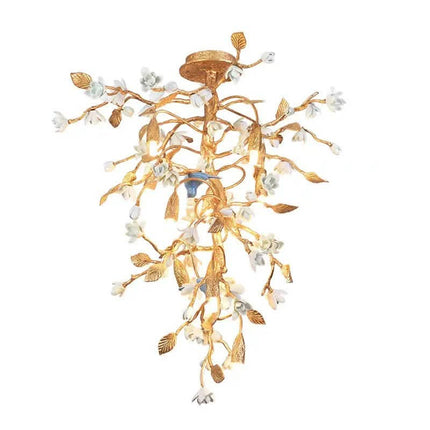 Luxury Copper Tree Branch Ceiling Light Handmade Ceramic Flower Bird Chandelier 2-in-1 Semi-Flush Pendant Light for Villa Hotel