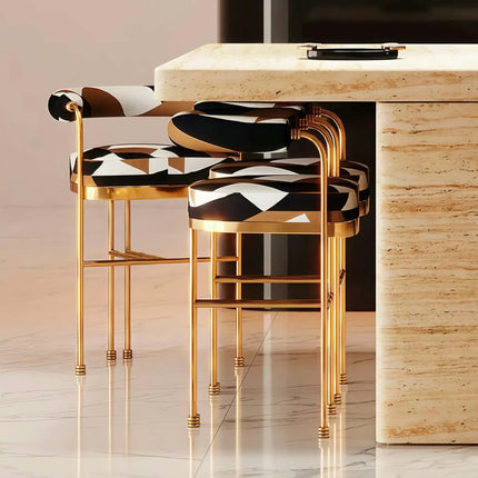 Modern Luxury Villa Dining Room Golden Bar Chair Hotel Restaurant Metal Frame Fabric Upholstered High Chair Furniture