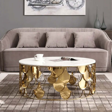 Modern luxury gold marble coffee table Italian home furniture stainless steel base large round living room center coffee table