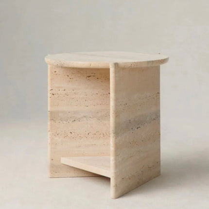 Dream Home Modern Beige Travertine Side Table Round Top Triangular Shelf Base Minimalist Living Room Sofa Accent Table