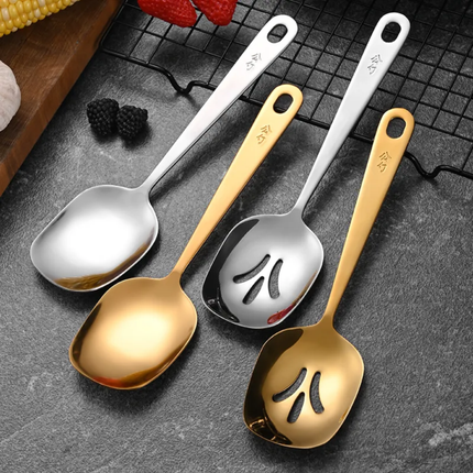 High Quality Kitchen Accessories Gold Long Handle 304 Stainless Round Spoon Serving Slotted Spoon for Buffet Restaurant