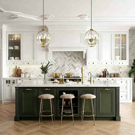 Luxury Sage Green French Kitchen Cabinet Set Oak Wood Kitchen Cabinet Gold Hardware Marble Countertops Glass Display Cabinets
