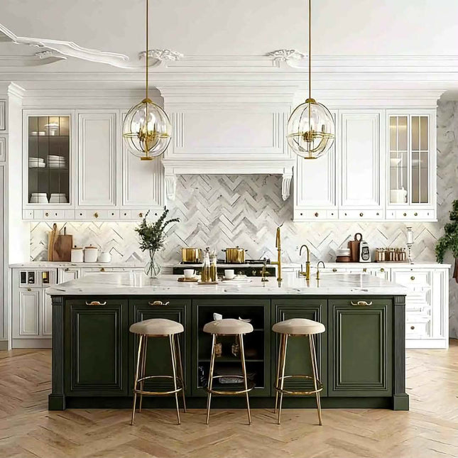 Luxury Sage Green French Kitchen Cabinet Set Oak Wood Kitchen Cabinet Gold Hardware Marble Countertops Glass Display Cabinets
