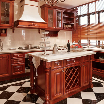 Custom Luxury Red Oak and Red Walnut Solid Wood Door Wooden Kitchen Cabinets with Painted Plywood Cabinet Body Kitchen Island