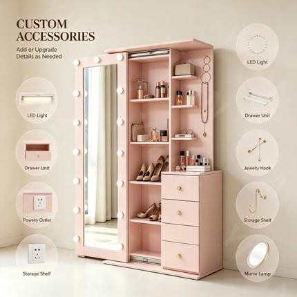 Modern MDF Makeup Vanities  Different Color Customized Dressing Table Standing Lighted Mirror  Storage  Cabinet  Bedroom Furniture