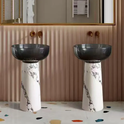 Gold Color Pedestal Basin Free Standing Sink Resin Stone Basin High-End Floor Standing Bathroom Lavatory Wash Basin