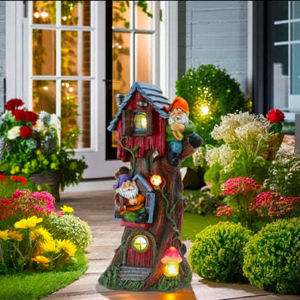 Solar Tree House Resin Gnome House Light Yard Lawn Figurine Patio Statue Porch Decor LED Solar Garden Decoration