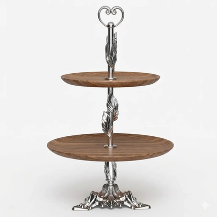 Luxury 2-Tier Wooden Cake Stand With Gold Brass Floral Branch Frame Elegant Rustic Mango Wood Cupcake Display & Serving Tray