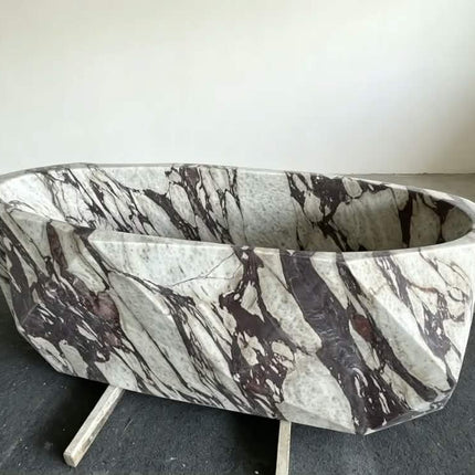 Modern Calacatta Viola Marble Freestanding Bathtub Geometric Solid Stone Soaking Tub Hand-Carved Bath For Luxury Villa Hotel