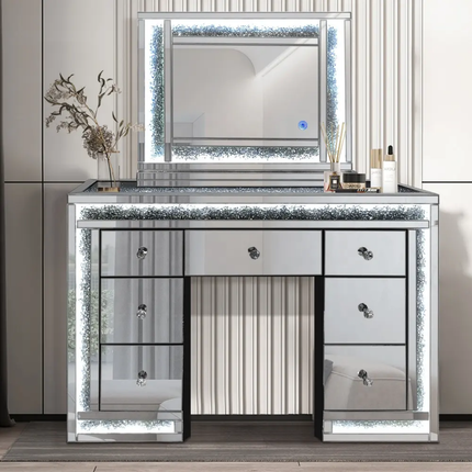 Sparkle Crystal Diamond Trim Large Mirrored Glass 7 Drawer Dressing Table Desk